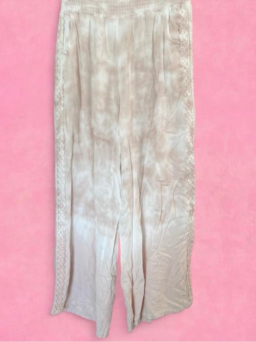 Ocean Drive Cream Wide-Leg Lace-Trim Trousers